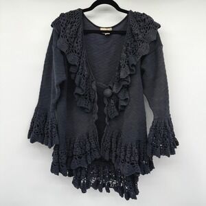 Von Saken Vintage Womens Cardigan Size L Crochet Ruffle‎ Y2K Boho Artsy Folk